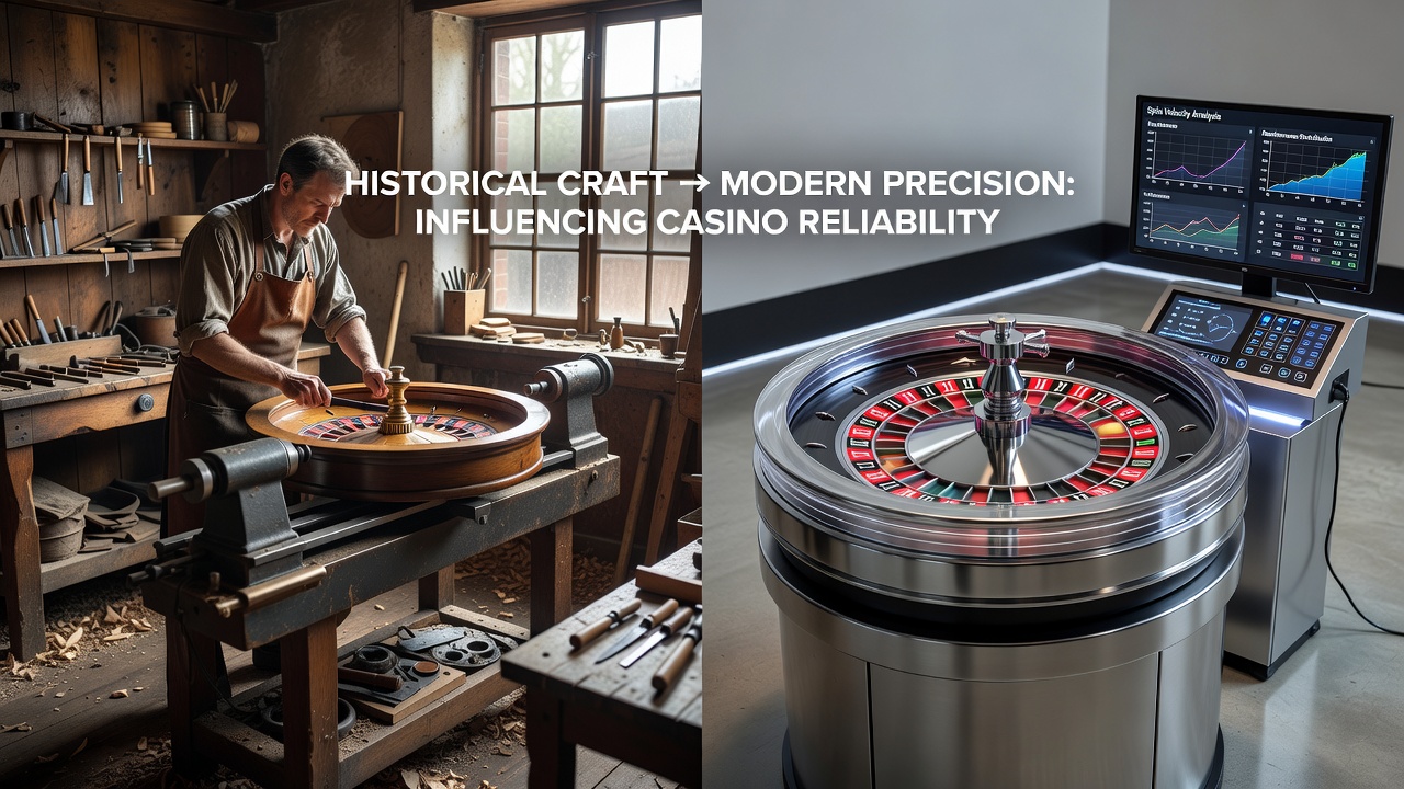 Contemporary casino roulette wheel under precision measurement with digital sensors and balancing equipment